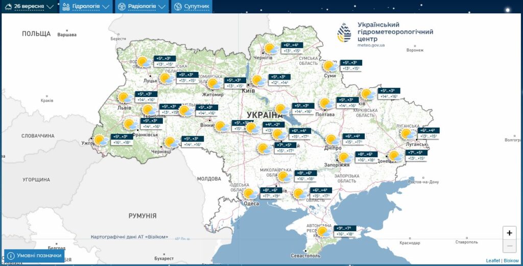 Прогноз погоди в Україні на 26 вересня 2025 року