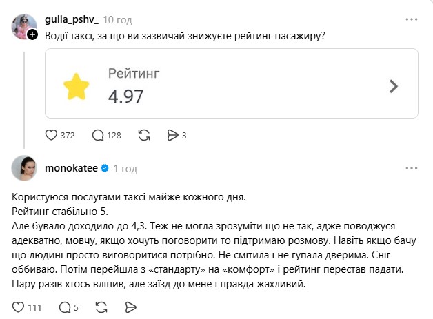 Monokate розповіла про свій рейтинг в таксі