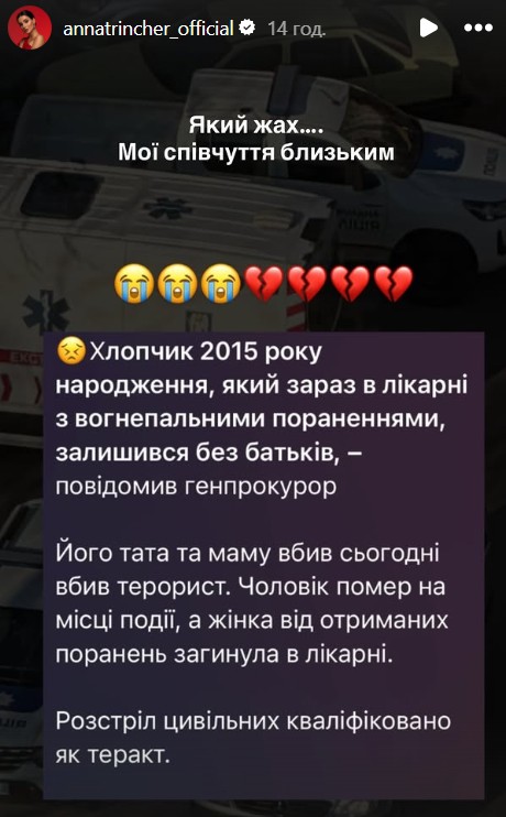 Анна Трінчер прокоментувала трагедію в Києві